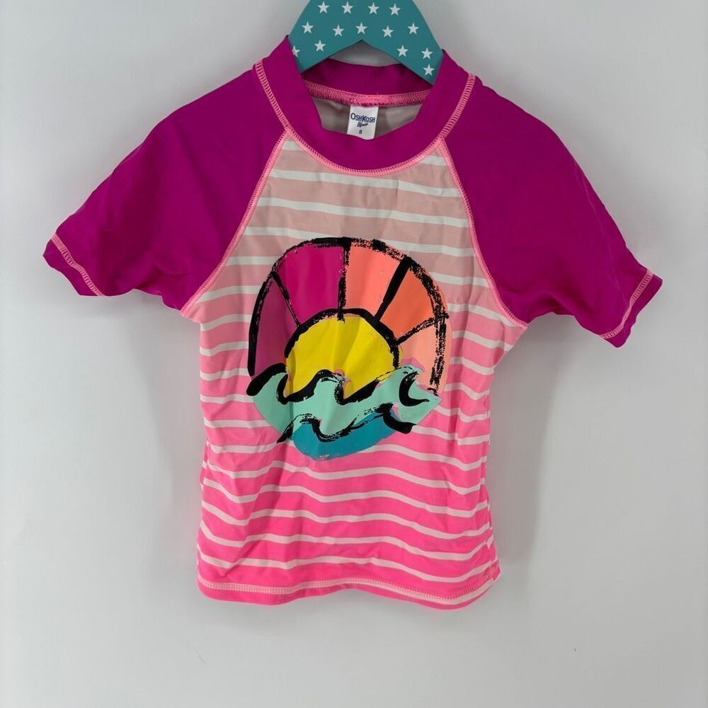 OshKosh B'gosh Kid's Red Pink Striped Ocean Print Swim Shirt Top Size 8